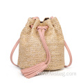 Fashion Design Dubai Beach Style Drawstring Closure PU Leather Handle Tassels Ladies Women Beach Bag Straw Handbags